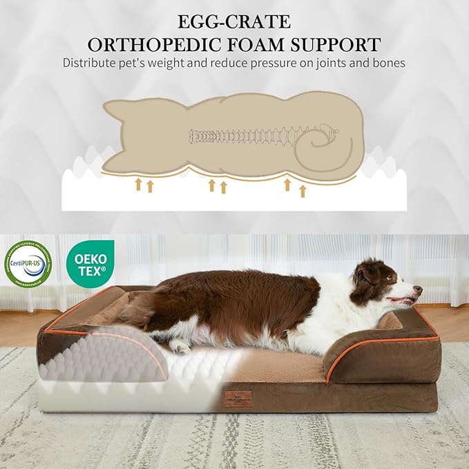 Comfort Expression Orthopedic Dog Bed for Large Dogs 36x27 Inch, Waterproof Supportive Egg Crate Foam Large Pet Bed with Removable Bolsters, Dog Couch with Washable Cover & Non-Slip Bottom, Brown