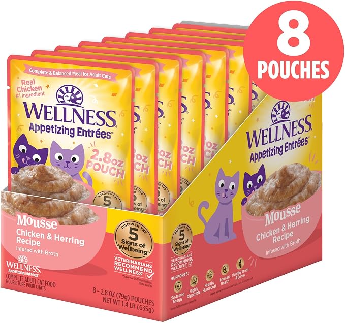 Wellness Appetizing Mousse Flaked Adult Wet Cat Food, Natural, Protein Rich, Grain Free, Chicken and Herring Recipe, 2.8 oz, Pack of 8 Pouches