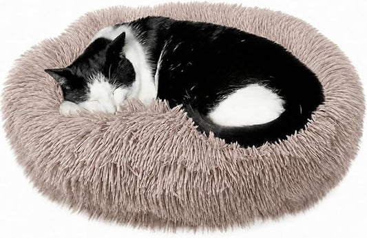 Whiskers & Friends Cat Beds for Indoor Cats, Fluffy Calming Donut Cat Bed, Small Dog Bed Washable - Orthopedic Soft Plush Pet Beds Sized for Kitten to Large Cats & Puppy to Small Dogs - Beige Brown