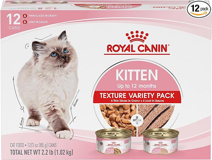 Royal Canin Feline Health Nutrition Kitten Thin Slices in Gravy and Loaf in Sauce Variety Pack Cat Food, 3 oz (Pack of 12)