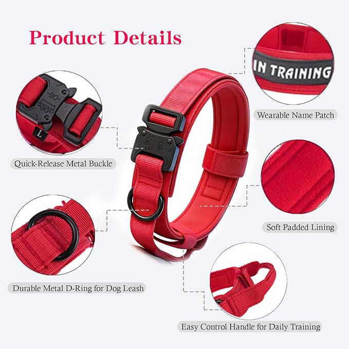Tactical Dog Collar and Leash Set Adjustable Military Nylon Dog Collar with Control Handle and Heavy Duty Metal Buckle for Large Dogs（Red S