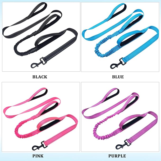 WYuZe 3 Handle Dog Leash for Large Medium Dogs- 7FT Reflective, Shock Absorbing Bungee, Heavy Duty Training Leash with Three Padded Traffic Handles for Control & Jogging, Purple