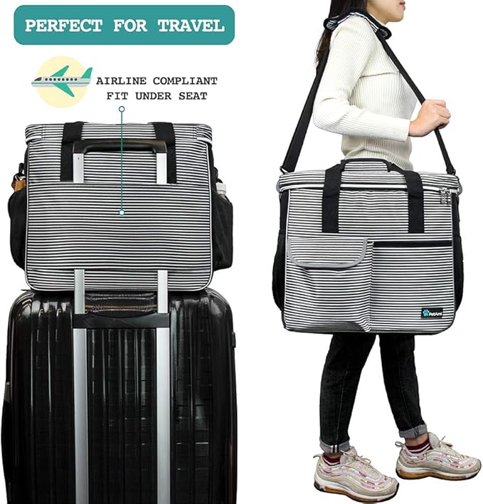 PetAmi Dog Travel Bag Organizer, Pet Travel Kit with 2 Food Containers & 2 Collapsible Dog Bowls, Pet Supplies Tote with Luggage Sleeve, Weekend Road Trip Camping Essentials, Stripe Black, Large