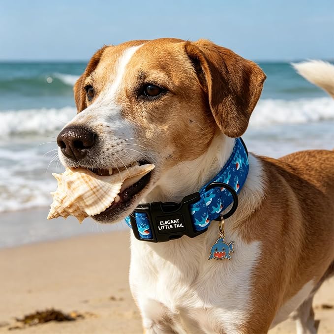 Elegant little tail Dog Collar,Cute Blue Shark Pattern Pet Collars Dog Cotton Soft Sturdy Puppy Collars Female or Male Adjustable Collar for Small Medium Large Dogs