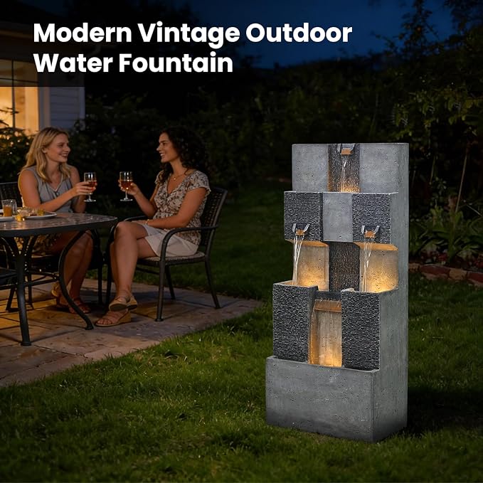 Sunlinua 45H Modern Grid Outdoor Water Fountain with LED Light Garden Cascading Waterfall Feature for Indoor or Outdoor Cascading Waterfall for Relaxing Garden Patio Backyard Deck Porch or Home Décor