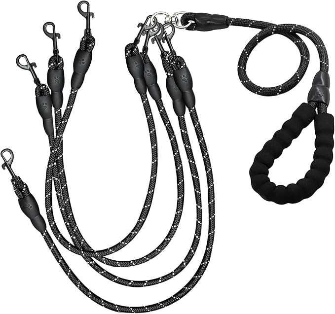 4 Way Dog Leashes,No Tangle Medium Small Dog Walking Leash,Nylon Pet Leash for 1 to 4 Dogs Outdoor Walking (Black)