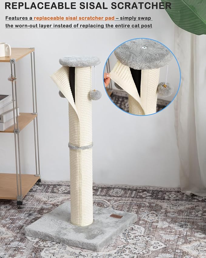 Cat Scratching Post 34 Inches Large Sturdy Cat Post with Sisal Scratcher and Hanging Ball Scratching Post for Indoor Cats Adult Grey