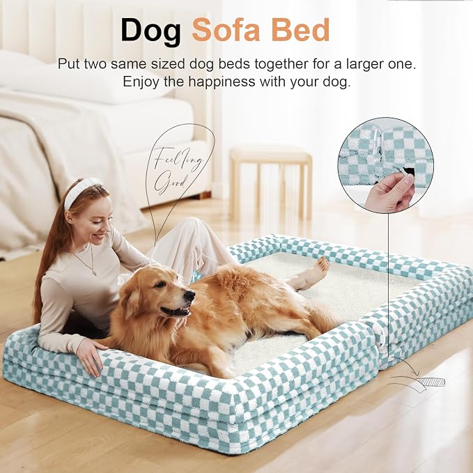 Large Dog Bed Orthopedic Washable: Beds Bolster XL Bed Large Big Dogs Egg Crate Foam Couch Sofa Waterproof with Removable Cover - Green Grid