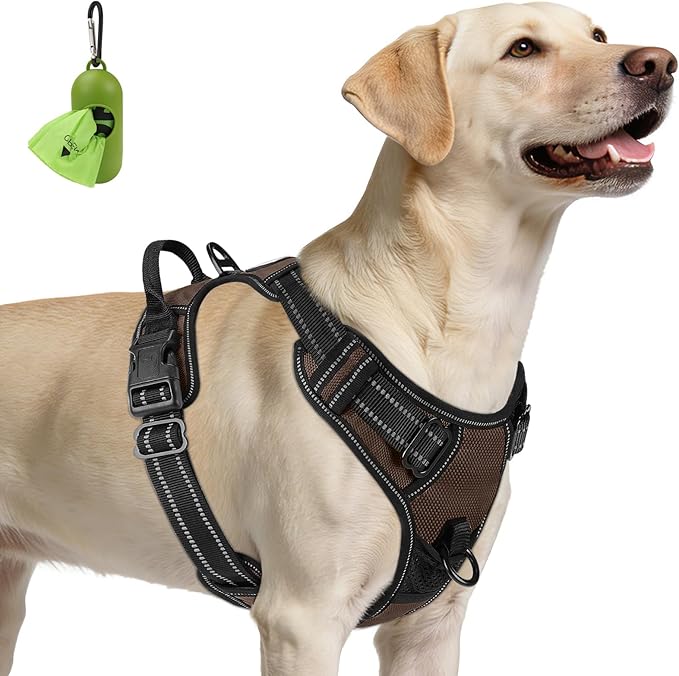 Joytale No Pull Dog Harness for Large Dogs, Reflective Pet Vest with Front Clip, Adjustable Soft Padded Harnesses with Easy Control Handle for Training and Walking, Brown, L