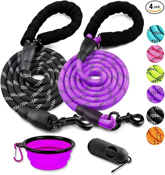 COOYOO 2 Pack Dog Leash 6 FT Heavy Duty - Comfortable Padded Handle - Reflective Dog Leash for Medium Large Dogs with Collapsible Pet Bowl Set 3-Black+Purple