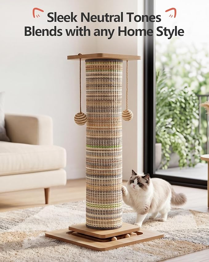 31" Extra Tall Cat Scratching Post, Natural Sisal Cat Scratcher for Indoor Cats Adults & Large Cats, Sturdy Wood Cat Tree Tower with Interactive Ball Track & Top Perch, Modern Design for Home Decor