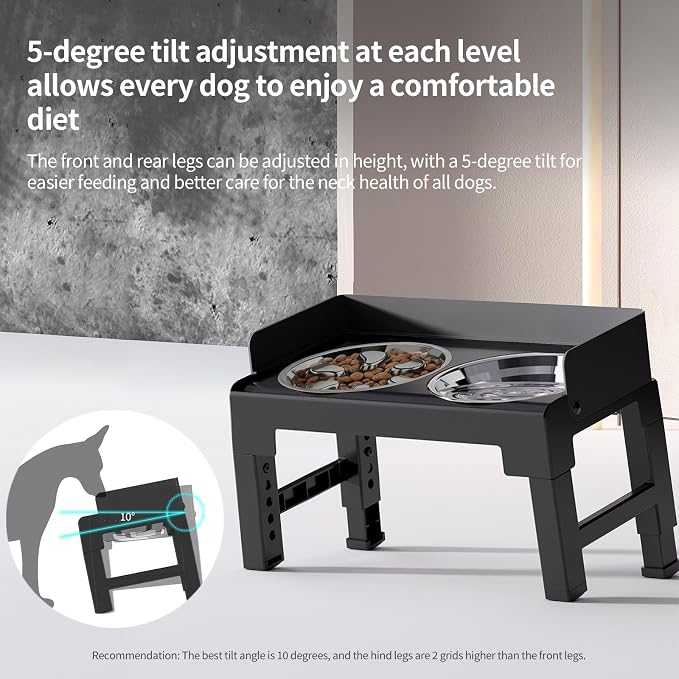PAKEWAY Elevated Dog Bowls, Spill Proof, Tiltable Pet Feeder with 1 Stainless Steel Bowl &1 Stainless Steel Slow Feeder Bowl, 6 Height Adjustable Raised Bowls Stand for Medium Large Dogs