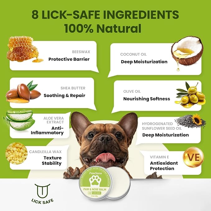PawSono Lick-Safe Dog Paw & Nose Balm with Coconut Oil | All-Natural Moisturizer & Soother for Dry, Cracked Pads & Snout | Summer Hot Pavement & Sand Paw Wax, Nose Butter for Bulldogs(2.1oz *2)