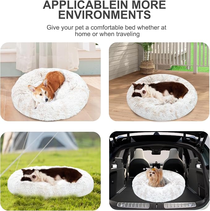 JOYELF Donut Dog Bed Cat Bed for Medium Dogs, Calming Pet Bed Ultra Soft Faux Fur Cuddler Round Self Warming Sleeping Bed for Dogs and Cats