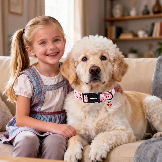DOGWONG Pink Dog Collar- Cute Cherry Flower Dog Collars Adjustable Girl Female Dog Collar for Medium Large Dogs, L