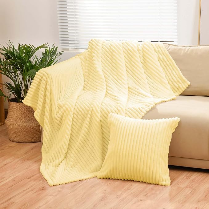 Bnuitland Light Yellow Flannel Throw (50X71 inches) with Pillow Cover(18×18"),300GSM Super Soft Fleece Stripe Pattern Sofa Blanket, Lightweight Cozy Bed Throw for Home Decor All Season