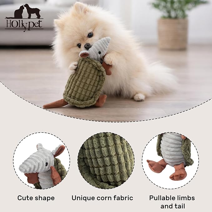 Hollypet Plush Dog Squeaky Toy Stuffed Armadillo Animal Pet Puppy Chew Toys with Clean Teeth for Small Medium Large All Breed Sizes Dogs, Olive Green, 8 in