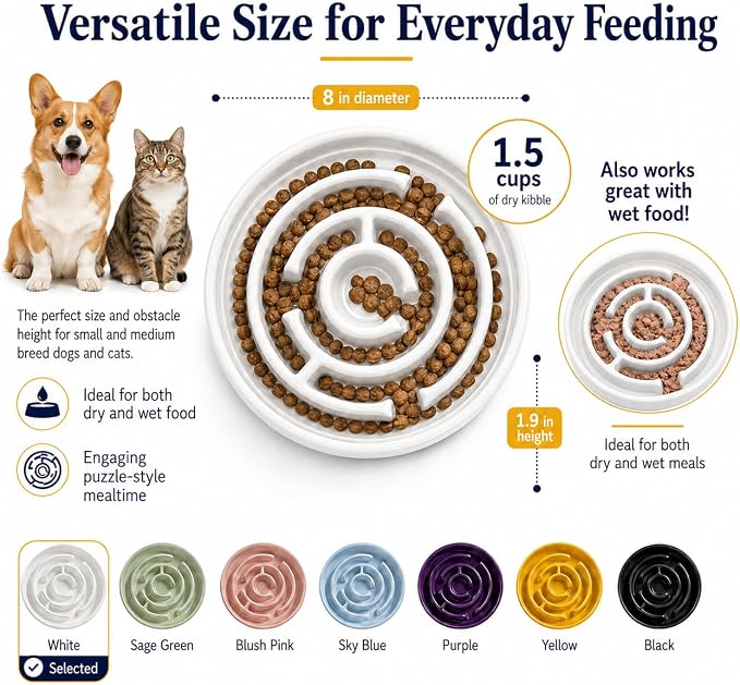 Ceramic Slow Feeder Dog Bowls with Anti-Slip, Slow Feeder & Non-Slip Design, Boredom and Anxiety Reducer, Suitable for All Breed Dogs and Cat (Ceramic-White)