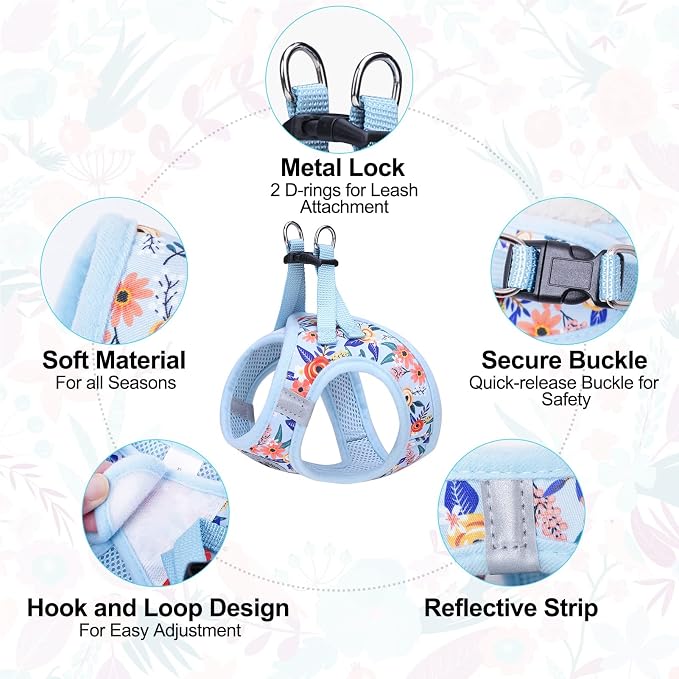BEAUTYZOO Step in Dog Harness and Leash Set, Floral Pattern Reflective No Pull No Choke Puppy Harness for Small Medium Large Dogs Cats, Soft Padded Mesh Vest Harnesses for Girl and Boy Pets