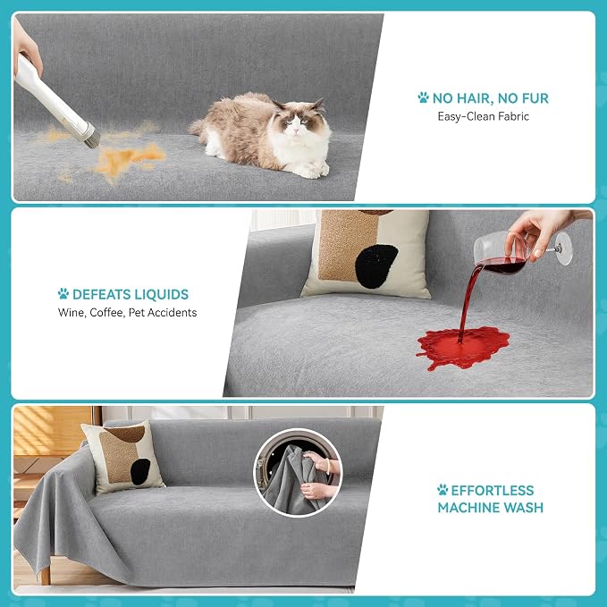 Warmstar Couch Protector from Cat Claws, Waterproof Couch Cover Anti Slip,Couch Cover 3 Cushion Sofa Washable,Anti-Scratch Pet Sofa Cover Heavy Duty,91"X150", Grey