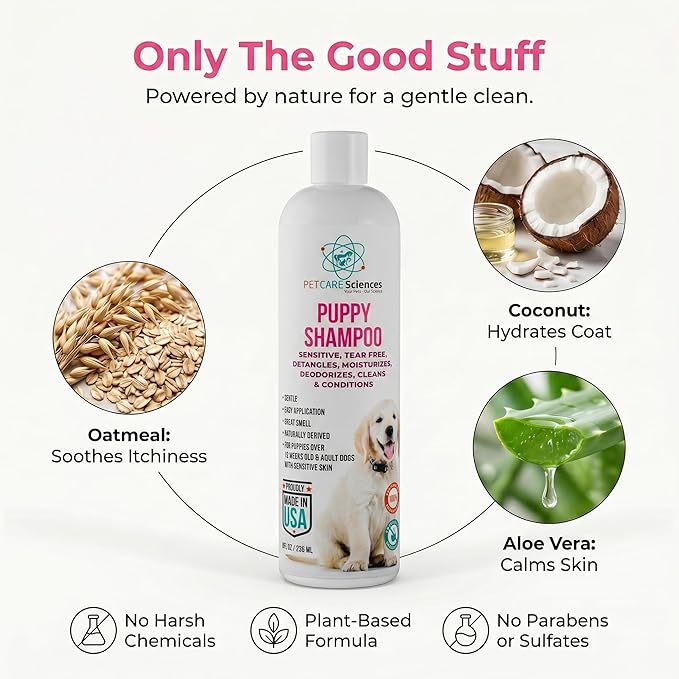 8 fl oz Tearless Puppy Shampoo and Conditioner - Anti Itch Dog Shampoo Sensitive Skin - Coconut Oil Oatmeal Pet Shampoo for Puppies