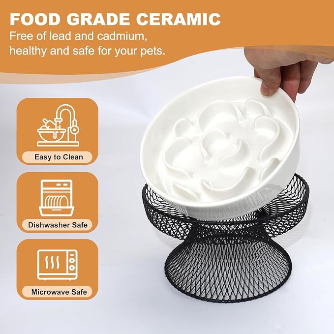 2PCS Raised Ceramic Cat Slow Feeder Bowl Elevated Food Bowl with Stand, Cat Slow Bowl for Wet Food and Dry Food,Slow Down Eating Speed, Whisker Friendly Pet Puzzle Feeder for Kitten and Small Dog