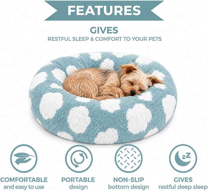 Whiskers & Friends Cat Beds for Indoor Cats, Fluffy Calming Donut Cat Bed, Small Dog Bed Washable - Orthopedic Soft Plush Pet Beds Sized for Kitten to Large Cats & Puppy to Small Dogs - Blue White