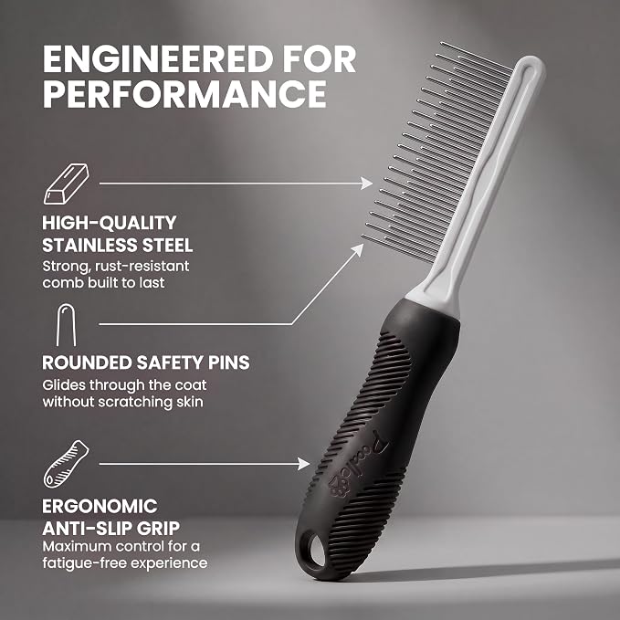 POODLIE Poodle Pet Dog Combs for Grooming Matting - Metal Comb for Dogs with Long & Short Stainless Steel Teeth - Dematting Comb for Cats to Remove Matted Hair & Knots, Black