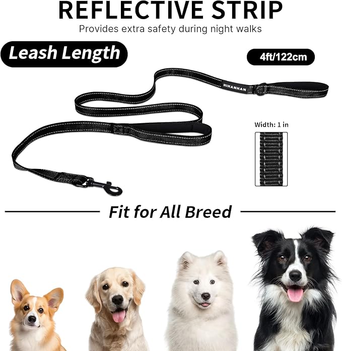 Reflective Dog Leash with Double Handle, Dog Leash 4 FT Long, Supports Medium and Large Dogs, Heavy Duty for Walking, Running, and Training, Black