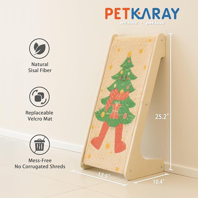 PETKARAY L Shape Cat Scratcher, Sisal Kitty Scratching Ramp, Vertical Scratch Pad for Indoor Cats, 25.2" Furniture Protector with Catnip, Festive Edition