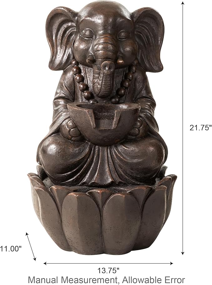 Glitzhome Outdoor Fountains, Water Fountains Outdoor with Lights&Pump, 21.75" H 2-Tiered Zen-Style Bronze Polyresin Elephant Garden Fountain Floor Standing Waterfall for Patio, Porch, or Yard Decor