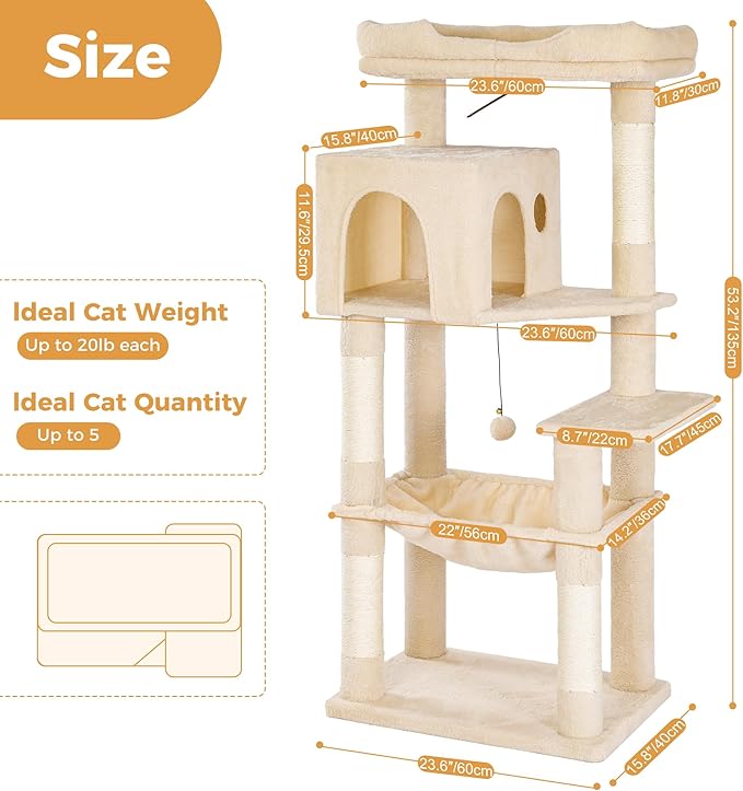 53” Cat Tree for Large Cats 20 lbs+,XL Cat Tower with Scratching Posts,Enlarge Top Bed 23.6”and 21.6”x15”Hammock, Oversized Condo House-XLarge Beige