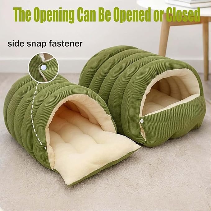 Winter Cave, Cozy Covered Dog Bed with Removable Washable Cover, Enclosed Plush Warmth for Small Large Dogs Cats, Calming Security Pet Den for Indoor Outdoor Use,Green,M