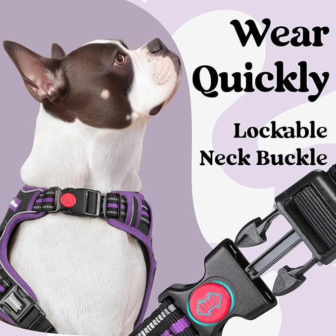 rabbitgoo Dog Harness for Large, No Pull Easy On & Off with 3 Buckles Pet Harness, Adjustable Soft Walking Vest with 2 Clips and Handle, Reflective for Extra Large Dogs, Black & Purple, XL