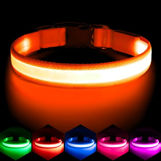 Vizpet LED Dog Collar, Light Up Dog Collar Adjustable USB Rechargeable Super Bright Safety Light Glowing Collars for Dogs(X-Large,Orange)
