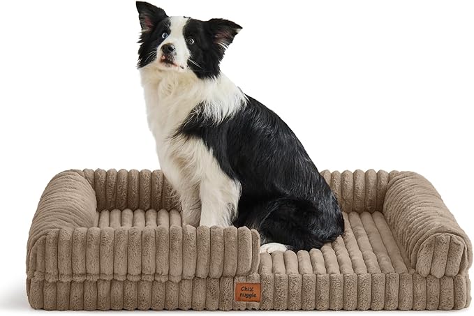 Orthopedic Dog Bed for XL Dogs, Washable Dog Bed with Faux Rabbit Fur Waterproof Cover, High Density Egg Crate Foam Support with 3-Sided Bolsters for Senior Dogs, Non-Skid Bottom, 41x30x7, Taupe