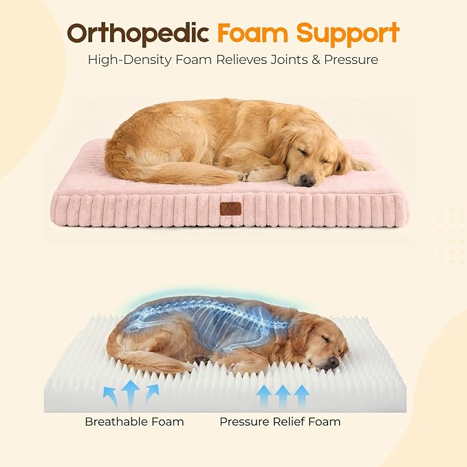 Orthopedic Dog Bed for Large Dog, Waterproof Pet Bed for Crate,Non-Slip Bottom and Egg-Crate Foam with Removable Washable Cover Crate Bed,Pink,35"x22"x3"