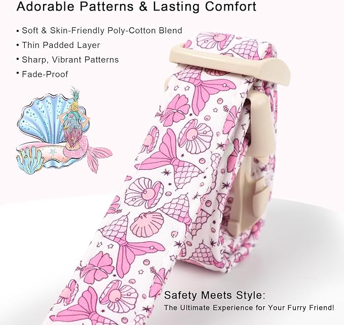 Girl Dog Collar, Summer Pink Mermaid Dog Collars for Small Dogs - Cute Ocean Themed Pup Collar, Soft Adjustable Female Pet Collars with Quick Release Buckle S