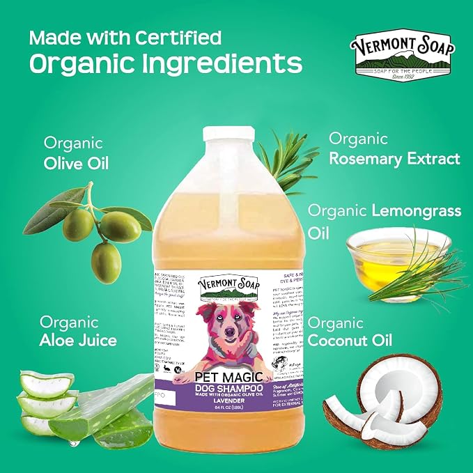 VERMONT SOAP Organics Pet Shampoo - Infused with Organic & Natural Olive Oil, Coconut & Aloe Vera Dog Shampoo for Sensitive Skin - USDA Certified Grooming, Lavender (64oz)