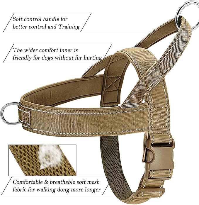 No Pull Dog Harness for Medium Large Dogs, Reflective Escape Proof Adjustable No Pulling Harnesses Brown L