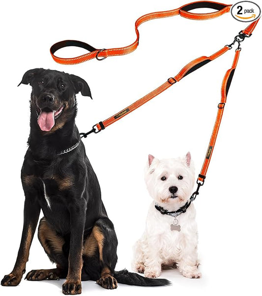 Dog Leash – Dual Reflective with Non-Tangle Design – Heavy Duty Nylon and Metal Buckles – Ideal (Orange, 2 Dog Leash with Handle)