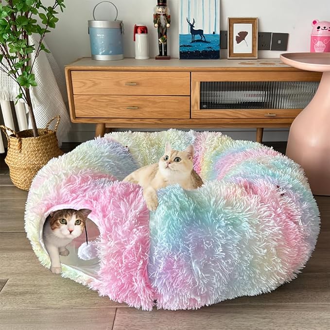 Cat Bed Tunnel Tube Toy Rainbow Plush Round, Collapsible Pet Tunnels for Indoor Cats, Interactive Toys Play Tubes with Hanging Ball for Kitty, Puppy, Rabbit for Fun Playtime & Exercise