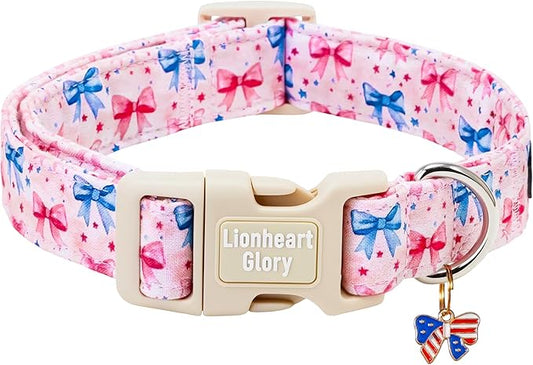Lionheart glory Patriotic Flag Dog Collar - 4th of July American Flag Dog Collars,Pink Bow Pattern Adjustable Pet Collar for X-Small Dogs Male Female Dogs Summer Pet Collars