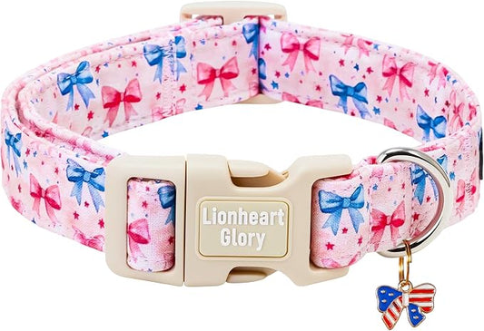 Lionheart glory Patriotic Flag Dog Collar - 4th of July American Flag Dog Collars,Pink Bow Pattern Adjustable Pet Collar for Small Dogs Male Female Dogs Summer Pet Collars