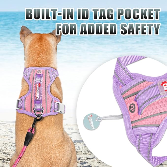 BARKBAY No Pull Dog Harness Large Reflective Dog Harness with Front Clip and Easy Control Handle for Walking Training Running with ID tag Pocket(Baby Pink & Violet Purple,M)