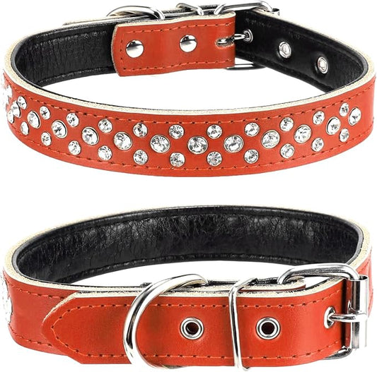 Rhinestone Dog Collar, Adjustable Cute Dazzling Sparkling Soft Leather Dog Collar Crystal Diamond Pet Dog Puppy Collar (M, Brown)