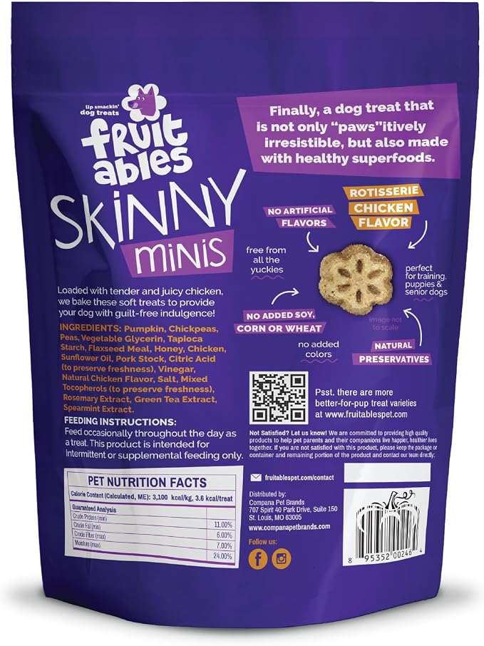 Fruitables Skinny Minis Dog Treats,Healthy Pumpkin Treat for Dogs,Low Calorie & Delicious,Puppy Training,No Wheat,Corn or Soy,Made in the USA,Rotisserie Chicken Flavor,5oz,(Pack of 2)