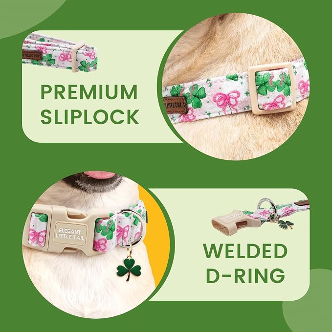 Elegant little tail St Patrick's Dog Collar - Green Cute Clover Cotton Shamrock Pet Collar Trefoil Adjustable Cotton Pet Collar with Quick Release Buckle for X-Small Dogs
