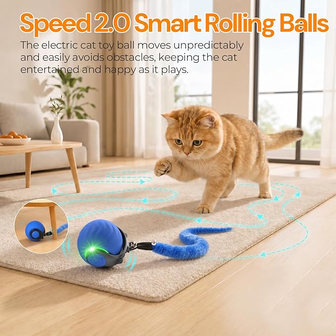 Geamen Interactive Cat Toys with Bird Sounds & 3 Speed Modes, Rechargeable Automatic Moving Cat Toy with 3 Tails, Fast Charging Smart Rolling Ball for Indoor Cats to Chase Play on Hard Floor Carpet