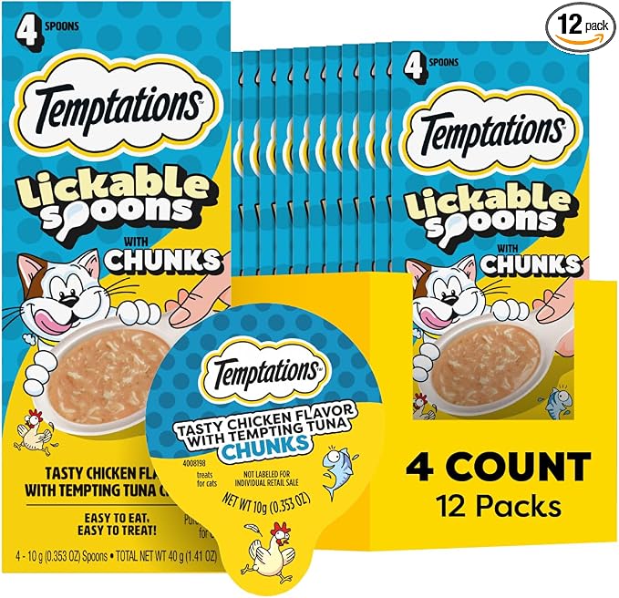 Temptations Lickable Spoons, Soft Lickable Cat Treats, Adult Wet Cat Treats, Chicken Flavor with Tuna Chunks, 4 Spoons, Pack of 12 (48 Total)